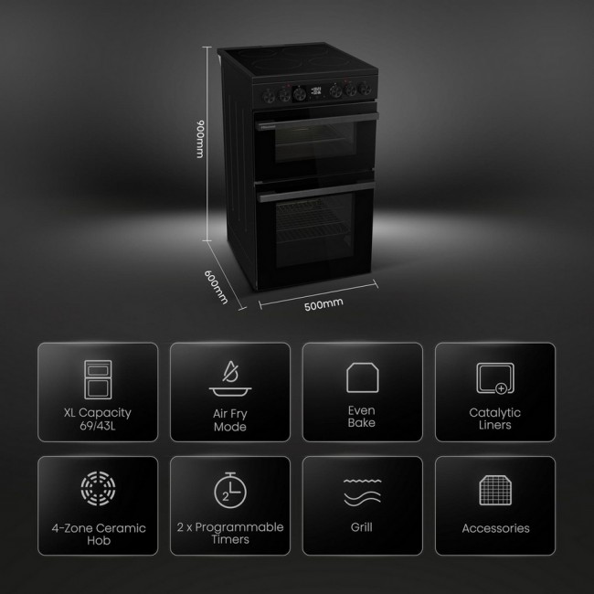 Hisense HDCEC5C10B 50cm Double Oven Electric Cooker with Ceramic Hob - Black